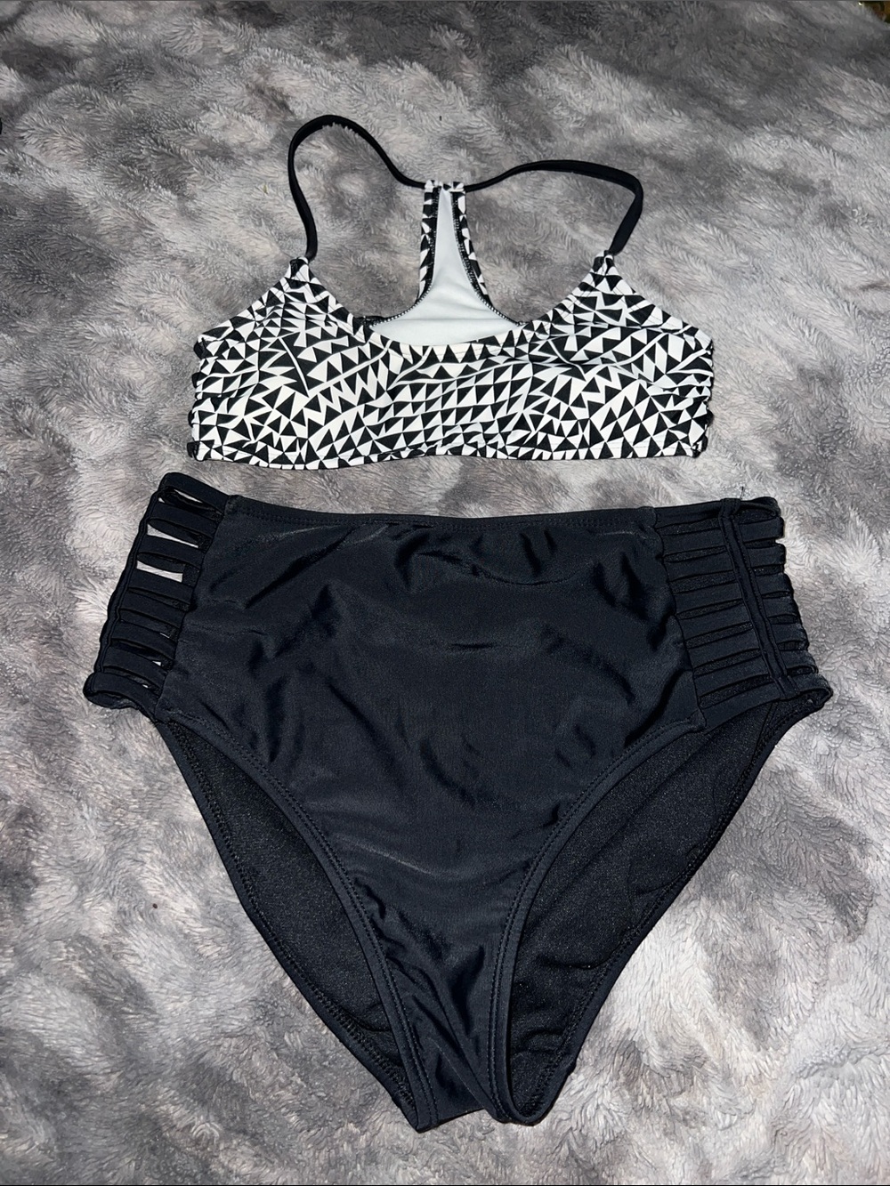 Black & White Geometric High-Waist Bikini Set